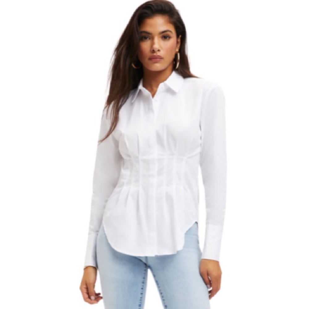 Good American White Button-Down Cinched Waist Shirt